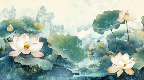 水彩荷花背景墙
