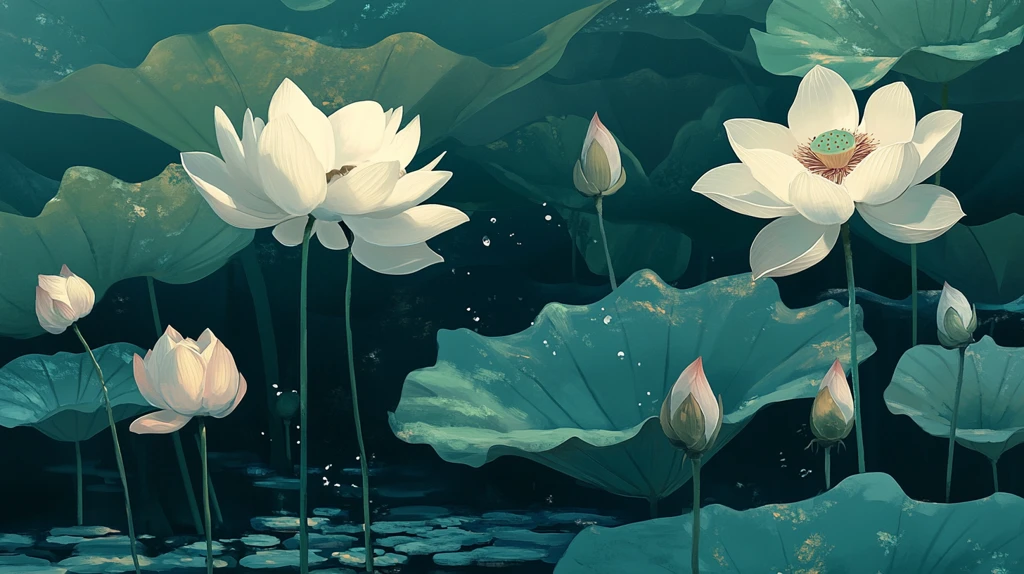 深蓝背景荷花图