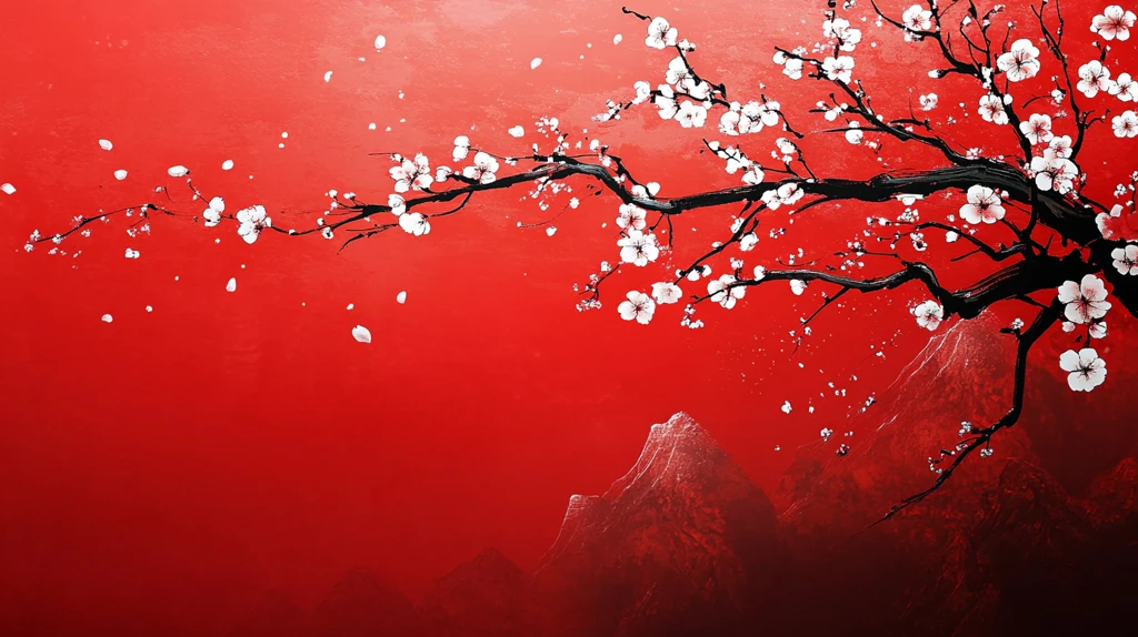 工笔手绘红墙梅花