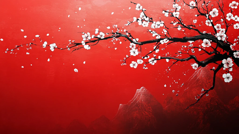 工笔手绘红墙梅花