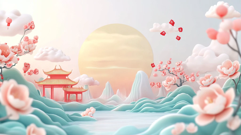 中式场景描边插画