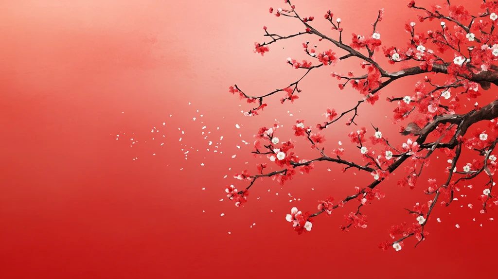 工笔手绘红墙梅花