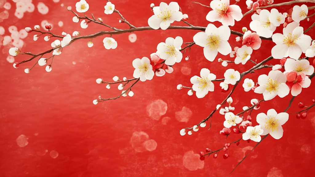 工笔手绘红墙梅花