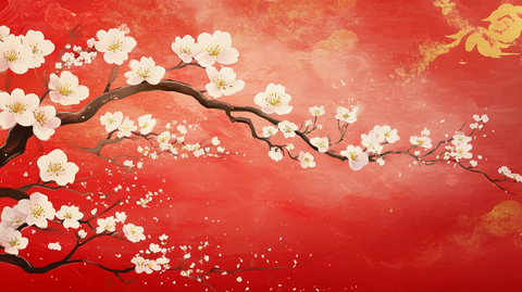 工笔手绘红墙梅花