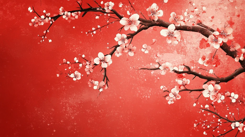 工笔手绘红墙梅花