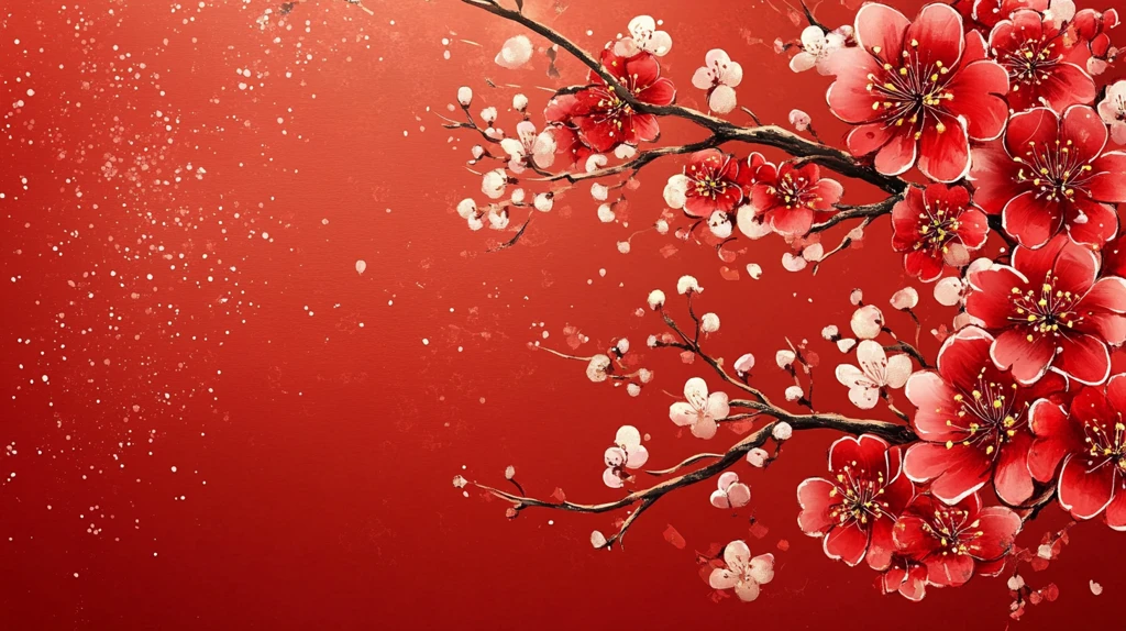 手绘红底梅花
