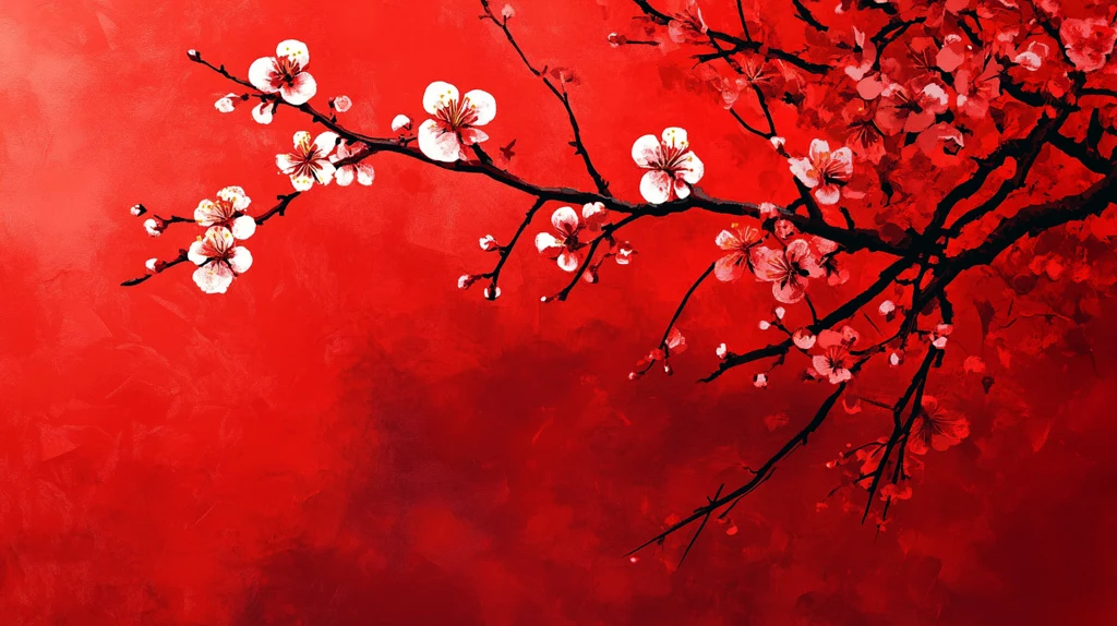 工笔手绘红墙梅花