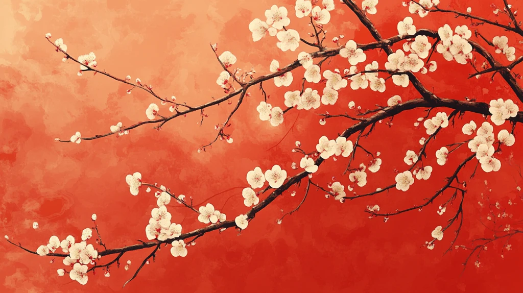 工笔手绘红墙梅花