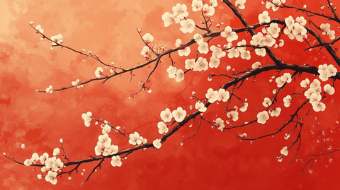 工笔手绘红墙梅花