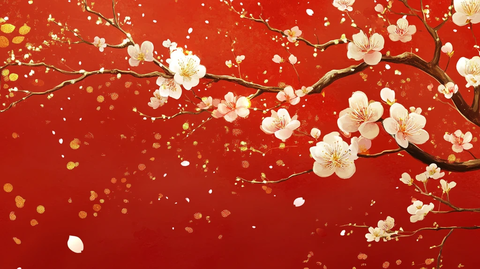 工笔手绘红墙梅花