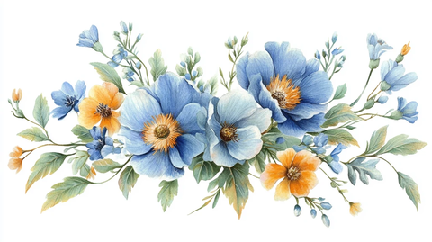 蓝橙色花艺手绘素材