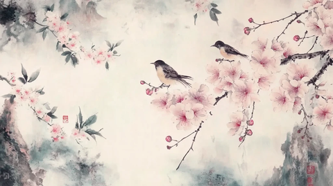 新中式水墨桃花花鸟