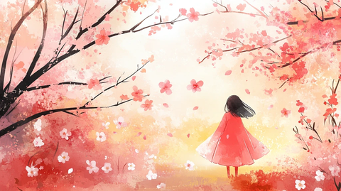 春天桃花女孩插画