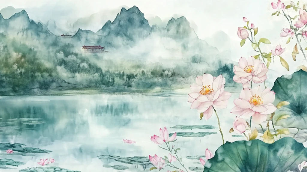 莲花荷花水墨山水画