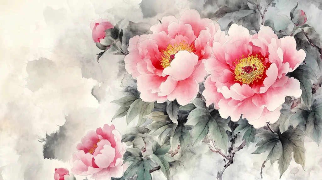 水彩牡丹手绘花鸟壁画