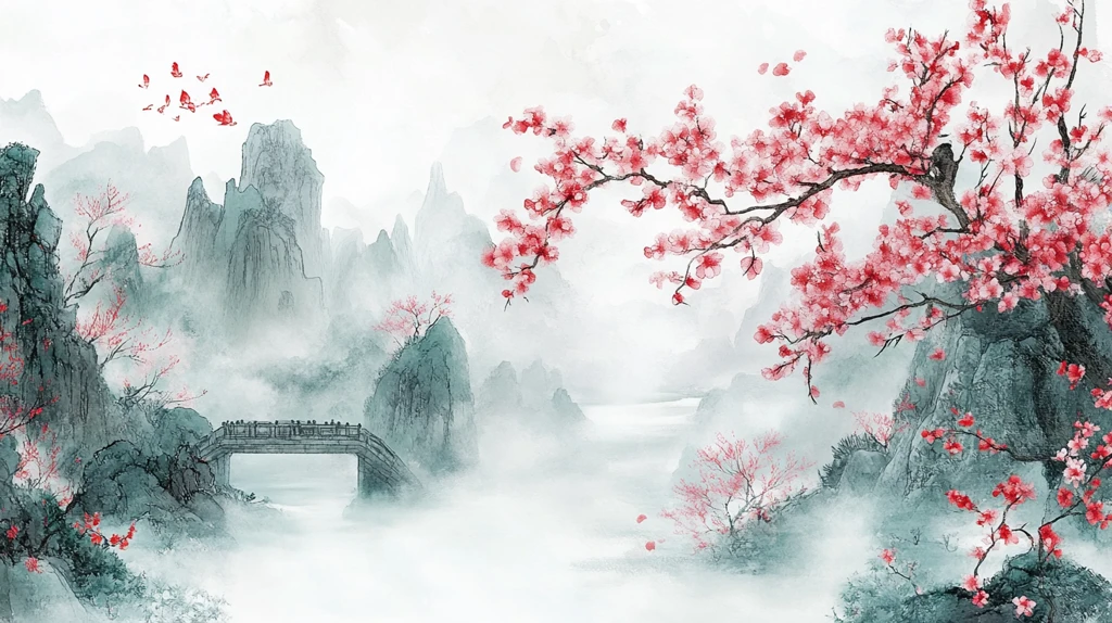 古意山水红花背景墙