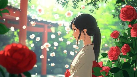 采玫瑰的旗袍少女