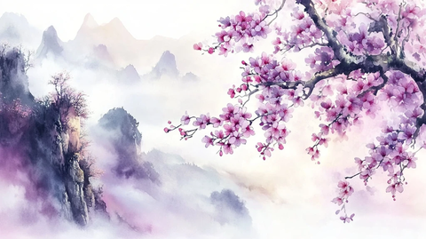 桃花水墨山水画