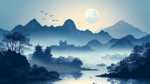 水墨山水画夜景