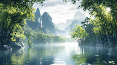 竹林河流山水
