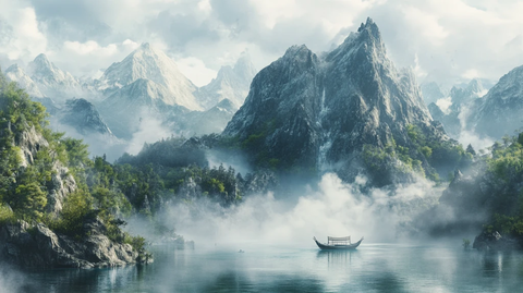 舟河流山峰背景墙