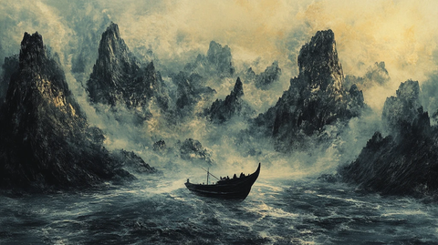 山峰渔船群山油画壁画