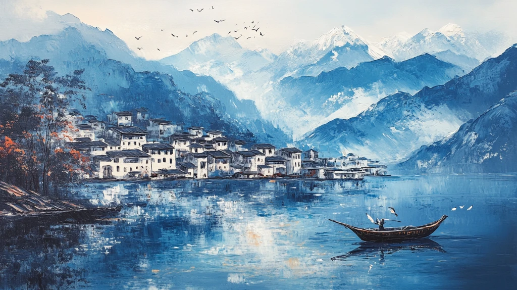 山峰渔船群山油画壁画