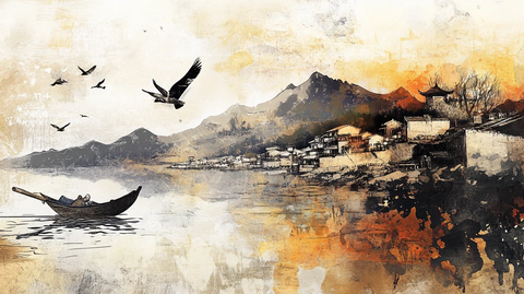 复古水墨山水古村落