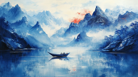 山峰渔船群山油画壁画