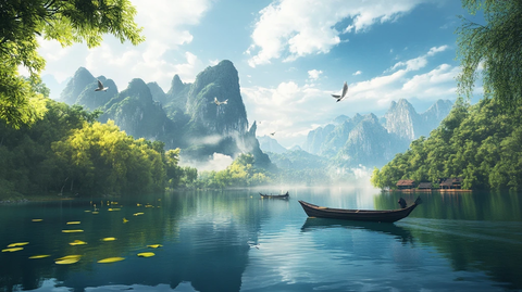 舟河流山峰背景墙