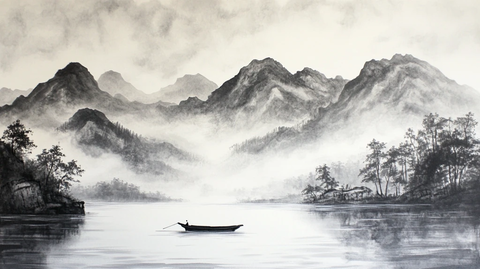 山水风光禅意水彩画