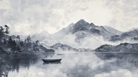 山水风光禅意水彩画