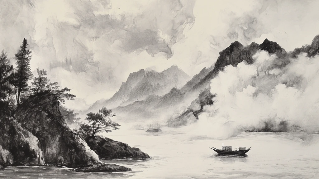 水墨山水船