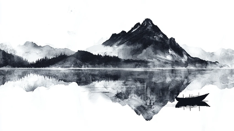 山水风光禅意水彩画