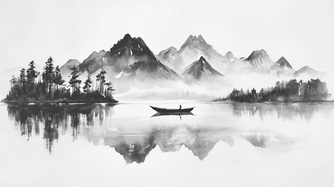 水墨山水倒影禅境