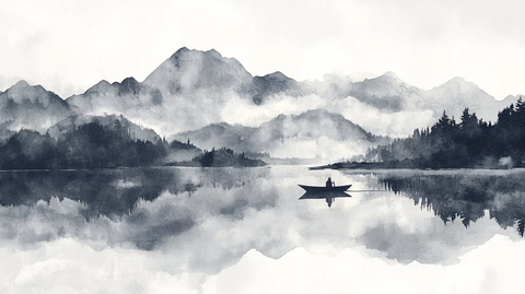 山水风光禅意水彩画