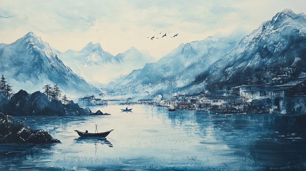 山峰渔船群山油画