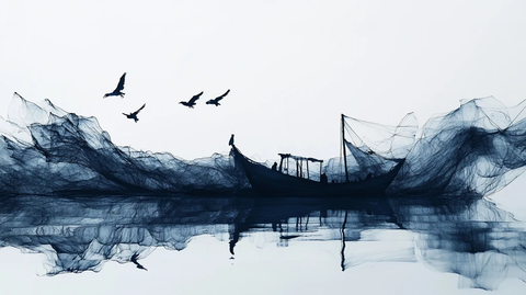水墨船墨痕飞鸟