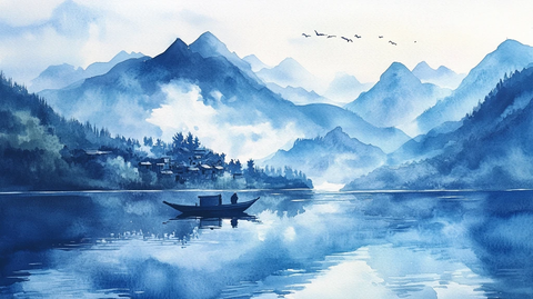 山水风光禅意水彩画