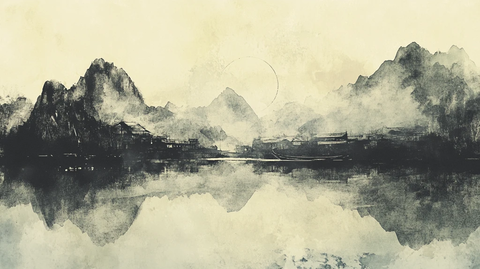 插画横店水彩水墨山水