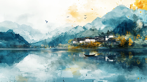 插画宏村水彩水墨山水