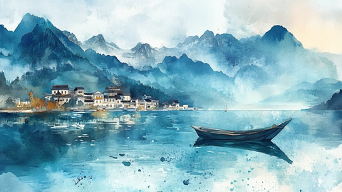 插画宏村水彩水墨山水