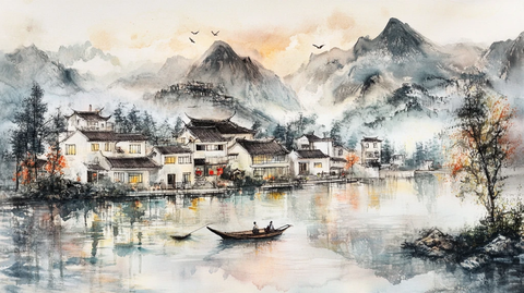 插画宏村水彩水墨山水