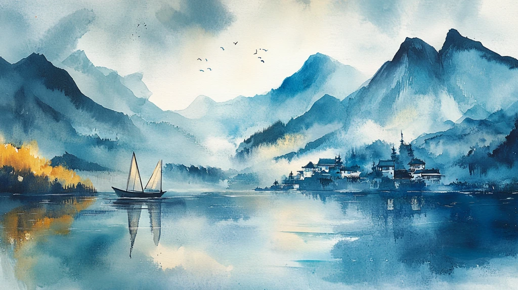 山水风光禅意水彩画