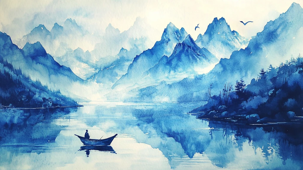 山水风光禅意水彩画