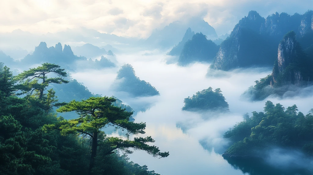 美丽山水迎客松