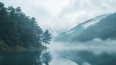 雾锁芦林湖