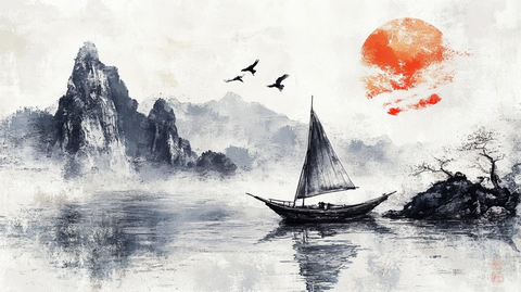 水墨山水画帆船