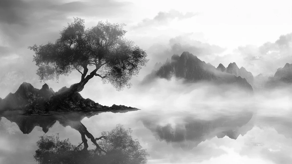 水墨山水倒影禅境