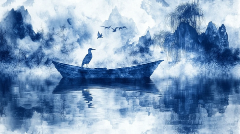 水墨船墨痕飞鸟
